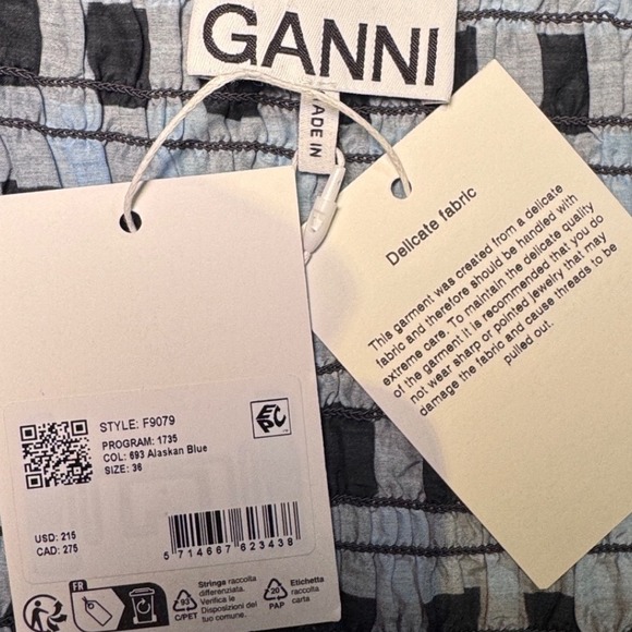 Ganni Smocked Top Puff Sleeve Checkered Blouse Alaskan Blue Button Up‎ Size S - Picture 4 of 6